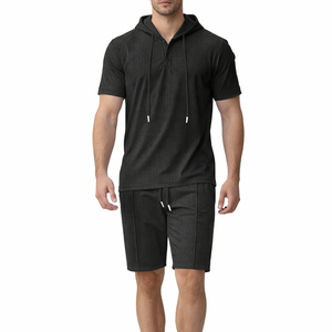 Conjunto de Camiseta de Manga Corta con Capucha y Pantalones Cortos para Hombre, Color Negro Sólido, Tejido Waffle, Ropa Casual de Verano, Transpirable, 100% Algodón - Product Image 1