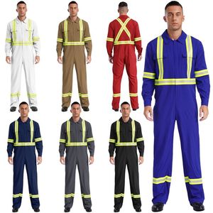 Mens High Visibility Reflective Stripes Coverall Long Sleeve Zipper Jumpsuit <b>Engineering</b> Uniform <b>Overall</b> Workwear - Product Image 4