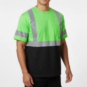 Men's Hi Visibility Reflective Work <b>T</b>-<b>Shirt</b> Green <b>Black</b> Polyester Safety <b>Shirt</b> with Pockets and Stripes - Product Image 4