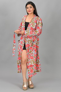 Bata de baño de algodón con estampado floral y cuello en V para mujer, talla única, con cordón ajustable, suave, de secado rápido, elegante, estilo kimono, vestido indio - Product Image 4