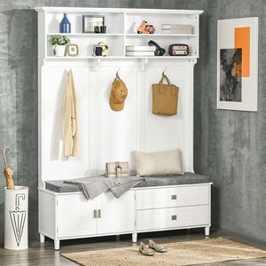 Porte-manteau d'entrée blanc avec banc de rangement, meuble d'appoint et étagères, armoire à tiroirs pour couloir - Product Image 2
