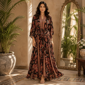 Designer Silk Maxi Gown Free Size Ibiza Black Paisley Print Hand Painted| Bohemian <b>Kaftan</b> <b>Dress</b> for Vacation and Holiday Wear - Product Image 5