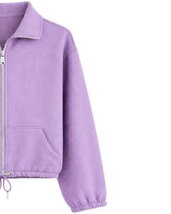 Sudadera corta de forro polar naranja quemado con cremallera completa para mujer, cuello polo, bolsillos delanteros, dobladillo con cordón ajustable, estilo casual y cálido para streetwear. - Product Image 3