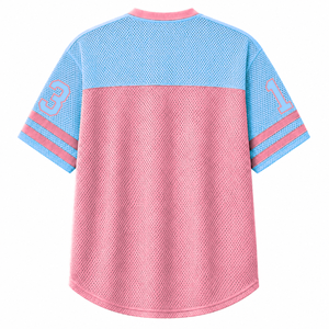 Camiseta personalizada de la hermandad Gamma Phi Delta con cuello en V, bloques de color, manga corta, azul cielo y rosa, estilo casual para mujer, de malla de poliéster. - Product Image 3