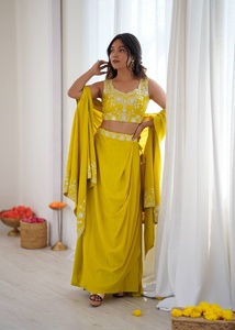Trending Yellow Embroidered Dhoti Set With <b>Shrug</b> For Women Traditional Indian Wear From Indian Supplier - Product Image 2