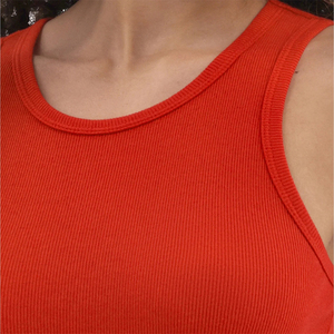 Women's Red Ribbed Knitted Tank <b>Top</b> O-Neck Sleeveless Casual Fit Solid Color Breathable Spandex Polyester Fabric - Product Image 6