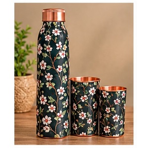 Botella de Agua de Cobre con Diseño Artístico de Mandala en Crema, Naranja y Azul, con 2 Tazas a Juego, Juego de Bebidas Portátil para Viajar - Product Image 3