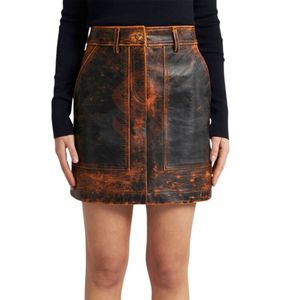 Mini-jupe décontractée en cuir véritable effet vieilli pour femme avec fermeture boutonnée, jupe crayon écologique et respirante - Product Image 2