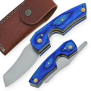 Navaja Plegable de Acero de Damasco Personalizada con Mango de Madera Azul, Cuchillo Premium para Camping y Uso General con Funda de Cuero OEM ODM - Product Image 1