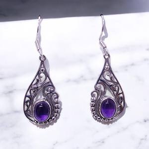 925 Sterling Silver Elegant Hollow Designer Handmade Dangle Drop <b>Hook</b> <b>Earrings</b> Natural Amethyst Gemstone Jewelry Women's <b>Earring</b> - Product Image 3
