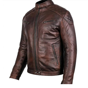 Veste en cuir marron pour homme, en cuir véritable, en peau de mouton, veste en cuir véritable pour moto - Product Image 2