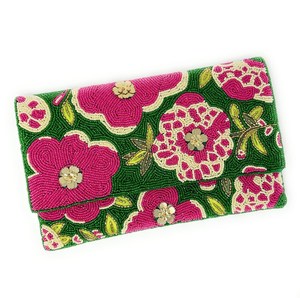 Handmade Rectangular Clutch <b>Purse</b> Zipper Closure <b>Green</b> Pink Floral Embroidery Cotton Polyester Foundation Fabric Flower Travel - Product Image 1