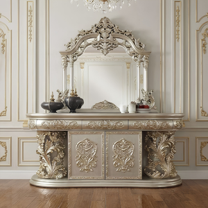 Juego de Comedor Europeo de Lujo, Madera de Teca Sólida Tallada a Mano, Cubierta de Mármol con Vitrina de Vidrio para Villa, Hotel, Palacio - Product Image 2