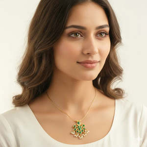 Platinum Gold-Plated Invisible Chain with Floral Jadau Pearl and Diamond Pendant - Product Image 1