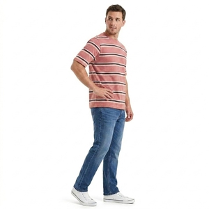 T-shirt décontracté élégant à rayures multiples, manches courtes, col rond, coupe classique confortable, pour tous les jours, été, unisexe, 100% biologique - Product Image 3