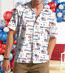 เสื้อเชิ้ตฮาวายลายธงชาติอเมริกันสำหรับผู้ชาย ลายดาวและลายทาง สไตล์รักชาติ เหมาะสำหรับฤดูร้อน ชายหาด วันหยุด แขนสั้น ติดกระดุม - Product Image 4