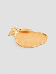 Gold Pear-Shaped <b>Decorative</b> Serving <b>Plate</b> with Leaf Handle Textured Aluminum Fruit Tray for Party Table Decor Eco-Friendly - Product Image 4