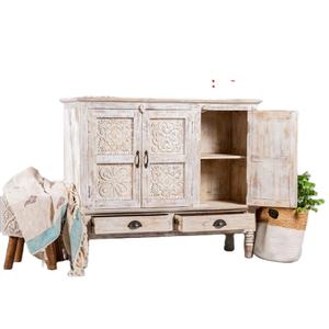 Vintage Indian wooden <b>sideboard</b> with carved decorations <b>Sideboard</b> in <b>White</b> Distressed Finish - Product Image 6