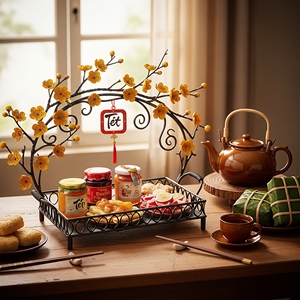 Bandeja de flores de hierro con flores amarillas y signo Tet para decoración del Año Nuevo Chino - Product Image 1