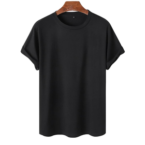 T-shirt en coton noir pour homme, col rond, manches courtes, coupe classique, décontracté, couleur unie, tricoté, teint uni, disponible à la vente - Product Image 1