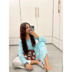 TRENDING RAYON FIL DE COTON BRODERIE TOP DE TRAVAIL AVEC PALAZZO SKY AVEC BLANC - Product Image 4