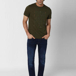 T-shirt à manches courtes pour homme, vert olive, col rond, coupe classique, imprimé à pois, jersey de coton, haut décontracté - Product Image 1