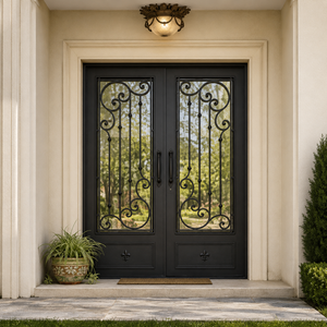 Puertas de Seguridad de Hierro Forjado Personalizadas, Puerta de Entrada Doble Exterior con Vidrio, Puertas de Entrada de Lujo para Viviendas Residenciales y Villas - Product Image 1