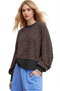 Sweat-shirt rayé à col rond pour femme, pull décontracté à épaules tombantes, haut à manches longues - Product Image 6