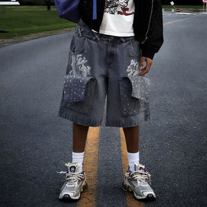 Custom <b>Men's</b> Oversize Acid Wash Oxford 100% Cotton Knee Length Casual <b>Drawstring</b> Closure High Quality <b>Jeans</b> Shorts - Product Image 2