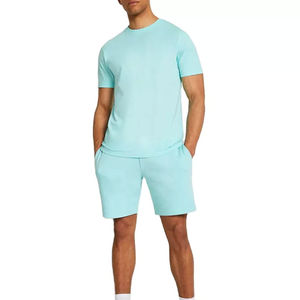 Ensemble t-shirt et short pour homme, col rond, couleur unie, tricot en coton et élasthanne, vêtements décontractés d'été, respirant et léger - Product Image 3