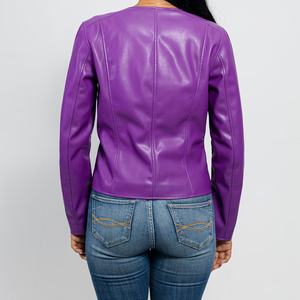 Veste moto en cuir PU violet pour femme, manches longues, fermeture éclair, col rabattu, couleur unie, style automne - Product Image 2