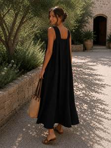 Vestido largo negro sin mangas para mujer, vestido holgado de verano - Product Image 2