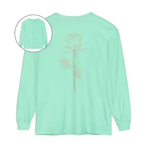 Camiseta Verde de Manga Larga con Estampado de Rosas en la Espalda, Cuello Redondo, Informal, Sólida, para Adultos, para Usar en Invierno y Otoño, Tejido de Algodón/Poliéster - Product Image 3
