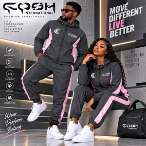 Unisex <b>Tracksuit</b> <b>Set</b> Black <b>Pink</b> Color Block Hooded Zipper Sporty Style Adult Autumn Wear casual sports lightweight <b>tracksuit</b> - Product Image 5