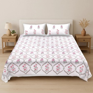 Elegant Hand Block Print Cotton Bedsheet Set Floral Boho Bedspread with <b>Pillow</b> Covers Indian Jaipur Queen King <b>Flat</b> Sheet - Product Image 1