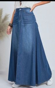 Jupe longue en jean taille haute pour femme, coupe trapèze, couleur unie, boutonnée sur le devant, coupe ample, décontractée, en tissu de coton délavé, style printemps - Product Image 5
