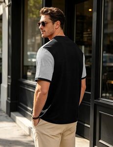 Camiseta Casual de Manga Corta con Cuello en V y Rayas para Hombre, Corte Ajustado, Diseño de Bloques de Color en Tejido - Product Image 2