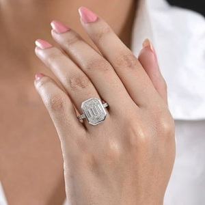 Anillo de compromiso y boda único de oro blanco macizo de 18K con diamantes talla pastel y esmeraldas en engaste de bisel y banda pavé, proveedor de Hong Kong - Product Image 3
