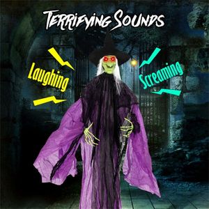 Decorazione di Halloween da 2,2 m con strega sonora, movimenti di braccia spaventosi, suoni terrificanti e occhi luminosi per uso interno/esterno - Product Image 5