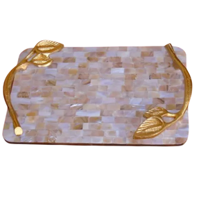 Plateau de service rond en rotin fait main avec incrustation de nacre bleue, style bohème, plateau décoratif avec base incrustée pour la table à café - Product Image 5