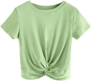 Haut court décontracté pour femme, uni, col rond, manches courtes, respirant, en Spandex/Polyester, séchage rapide, anti-boulochage, vêtement d'extérieur pour l'automne, vente en gros - Product Image 1