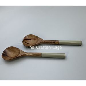 Durable Wooden Salad Server <b>Set</b> Spoon Fork <b>Grey</b> Handle Natural Finish Kitchen Serving Utensils <b>Dining</b> Tools - Product Image 1