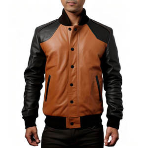 Chaqueta de Cuero Genuino de Piel de Oveja para Hombre, Cuello de Béisbol, Cierre de Cremallera, Impermeable, Transpirable, Tallas Grandes, Estilo Motero OEM - Product Image 1
