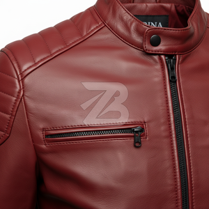 Zarina Wear Men Genuine Leather <b>Jacket</b> <b>Red</b> Biker Motorcycle <b>Jacket</b> Stand Collar Zip Up Matte Black Hardware OEM - Product Image 3