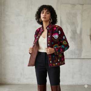 Suzani Embroidered Quilted Knitted Velvet Bomber <b>Jacket</b> Handcrafted Floral Boho Statement Wear Full Sleeve Autumn Reversible - Product Image 2