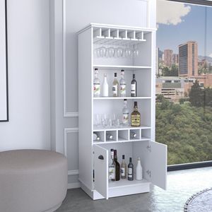 Mobile bar alto Dundee da 70 pollici, bianco, con 10 ante in vetro, 5 scomparti e 3 ripiani aperti - Product Image 4