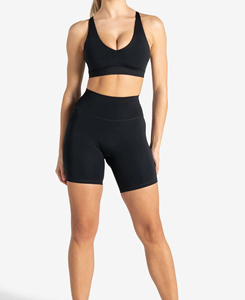 Ensemble de yoga 2 pièces noir pour femme, short taille haute et crop top dos nageur col en V profond, sans couture, en Spandex et Polyester, anti-transpiration, 160 g - Product Image 1