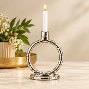 Porte-bougie moderne en métal martelé argenté, chandelier ovale de luxe, support de bougie conique pour centre de table de mariage et décoration intérieure - Product Image 5