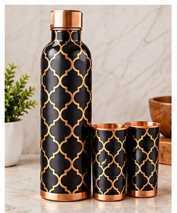 Luxury Copper <b>Water</b> <b>Bottle</b> Set with Two Cups Black Geometric Pattern Double Wall <b>Metal</b> Eco Friendly Drinkware - Product Image 2