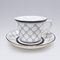 Taza de café de porcelana fina Shin Tai Yuan con platillo, diseño de cuerda azul, borde dorado, impresión por transferencia de agua, regalo de Taiwán